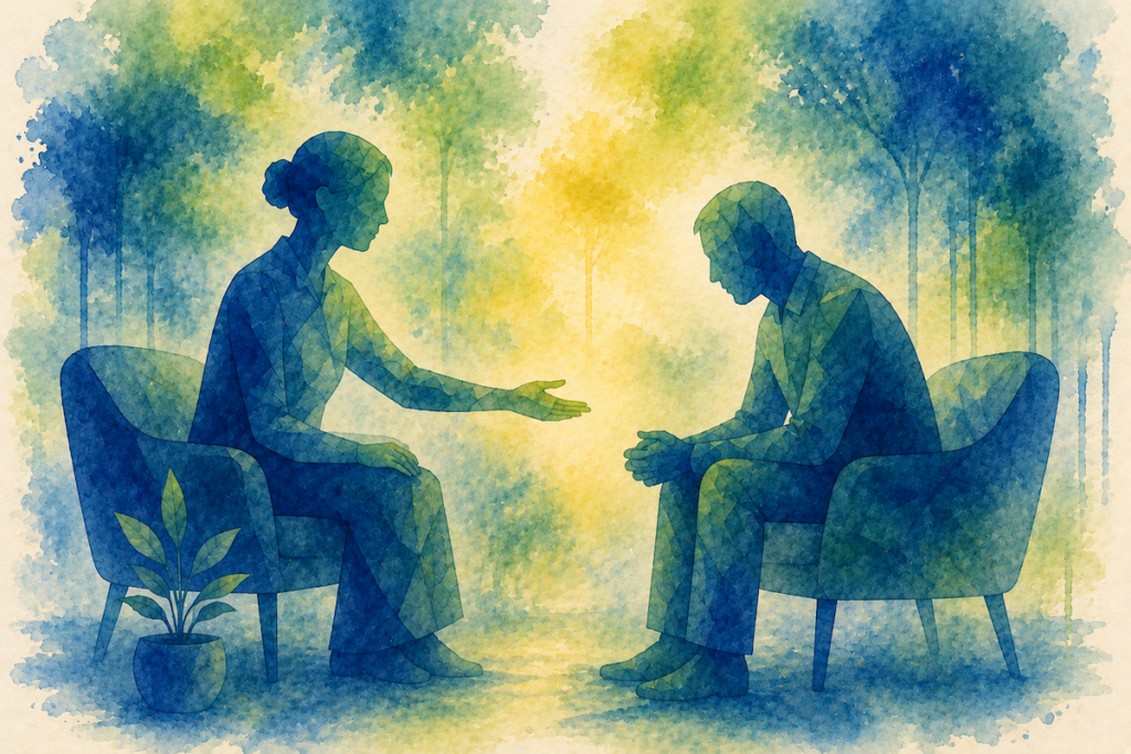 Watercolor of person in intense therapy session for a Pasadena Villa blog article called What Is Schema Therapy? An Integrative Approach to Lasting Mental Health Change