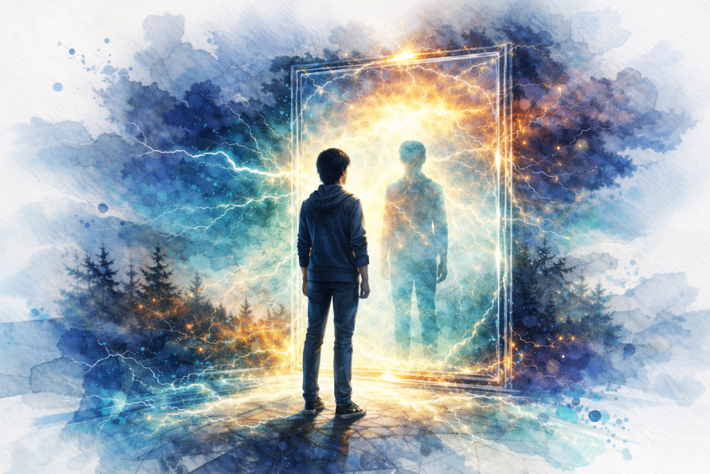 Watercolor image of person looking in the mirror for Pasadena Villa blog called "When Mental Health Affects Self-Care: The Poor Hygiene + Depression Link".