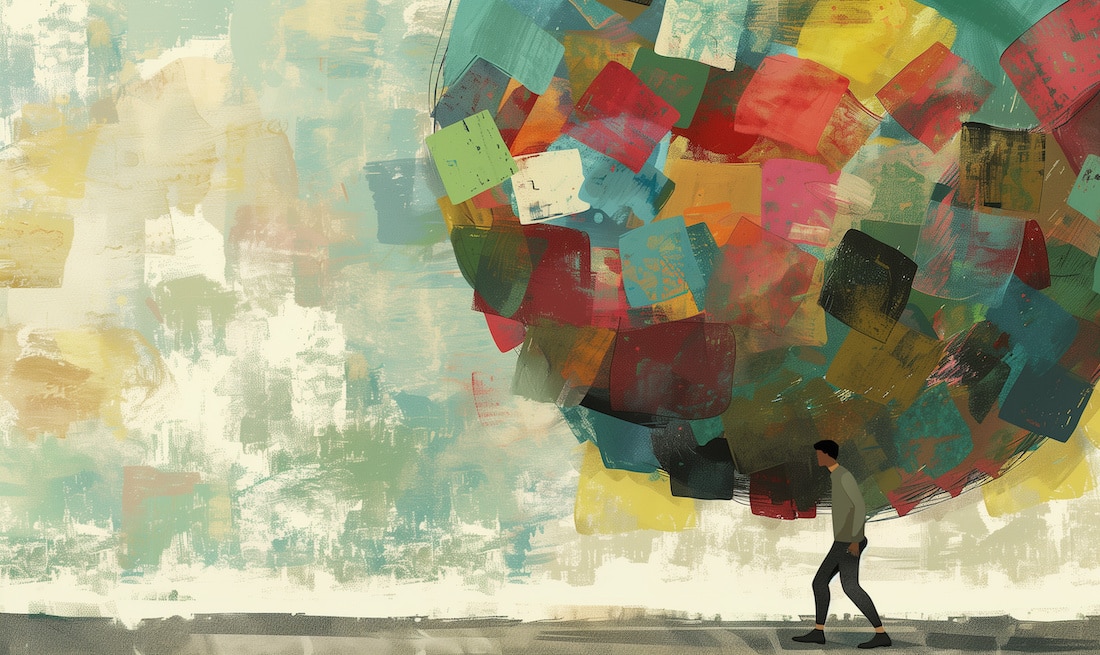 Mental Health illustration man carrying large boulder of differing colors