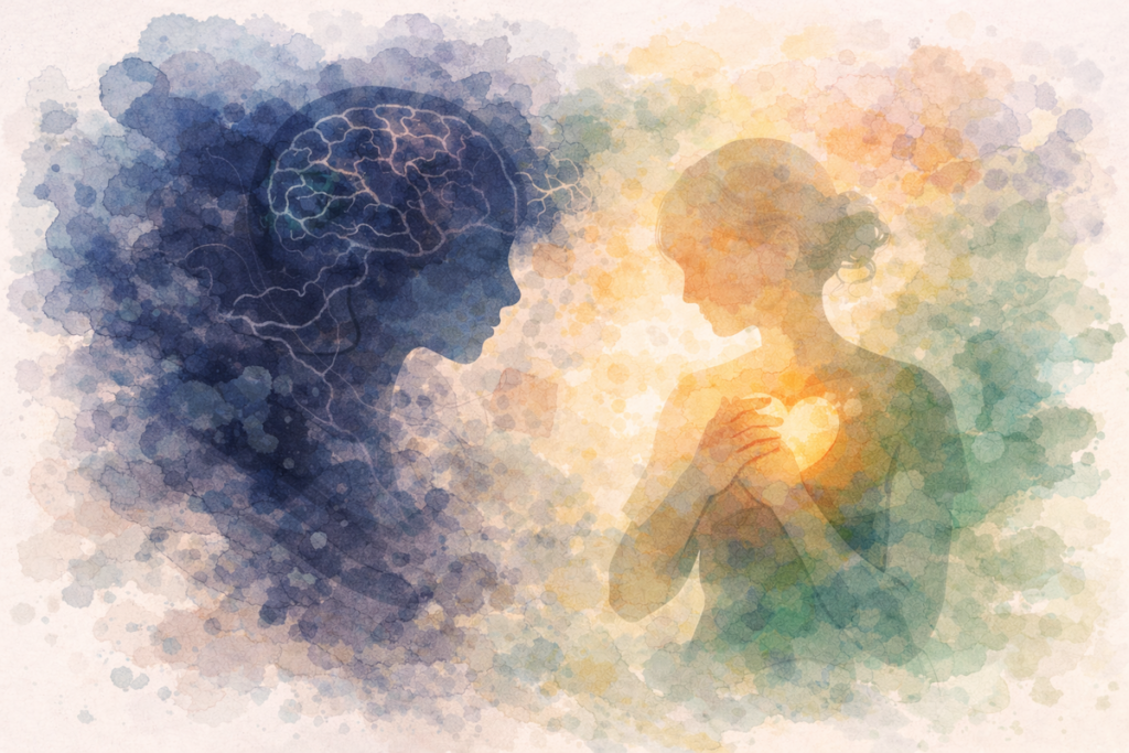 Watercolor painting of the internal struggle between mental illness and living life fully for a blog called "Treatment Types for Schizophrenia: A Guide to Recovery".