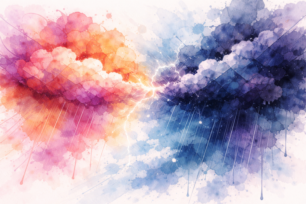 Abstract painting of storm clouds in opposing colors for an Pasadena Villa Network blog called Clinical Depression vs Manic Depression: What's the Difference?