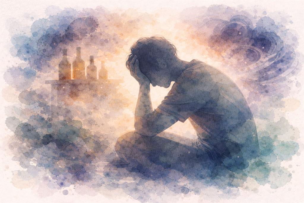 A watercolor image of a person struggling with alcohol use for a Pasadena Blog called The Link Between Alcohol Use + Depression