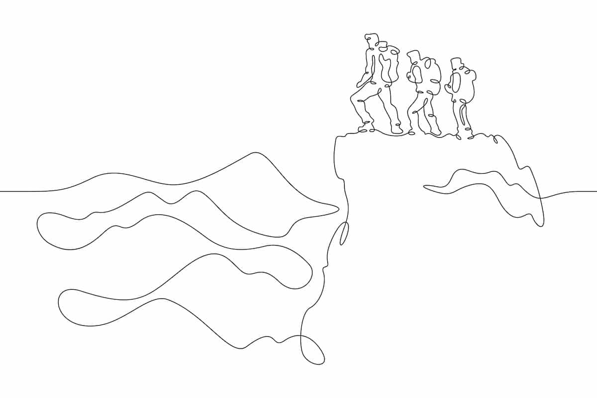 Group climbing in the mountains. Mountain landscape. One continuous line . Line art. Minimal single line.White background.