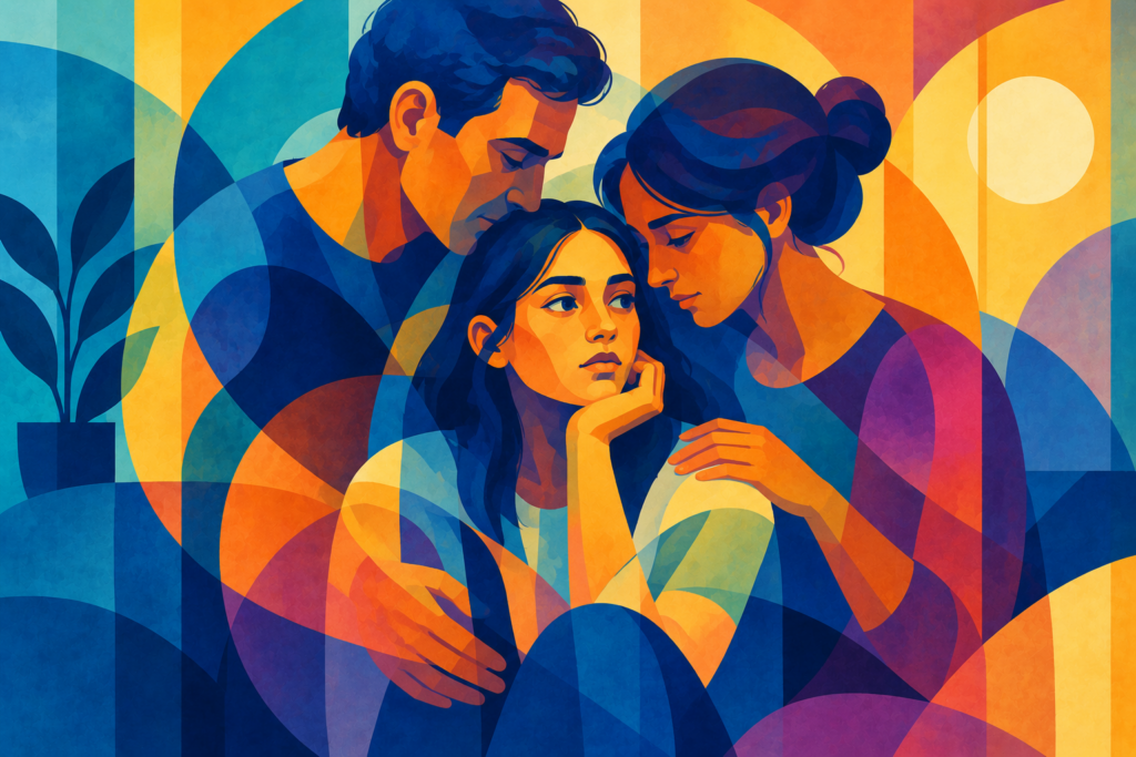Pasadena Villa - Blog featured image - geometric digital painting of family enmeshment with an overbearing mother and father around a child