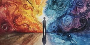 watercolor painting of man with swirling colors around