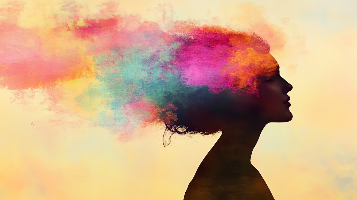 Abstract illustration of human thinking with colorful dots spreading across the brain, symbolizing mental health, spirituality, psychology, and therapy. Watercolor painting for healing and imagination