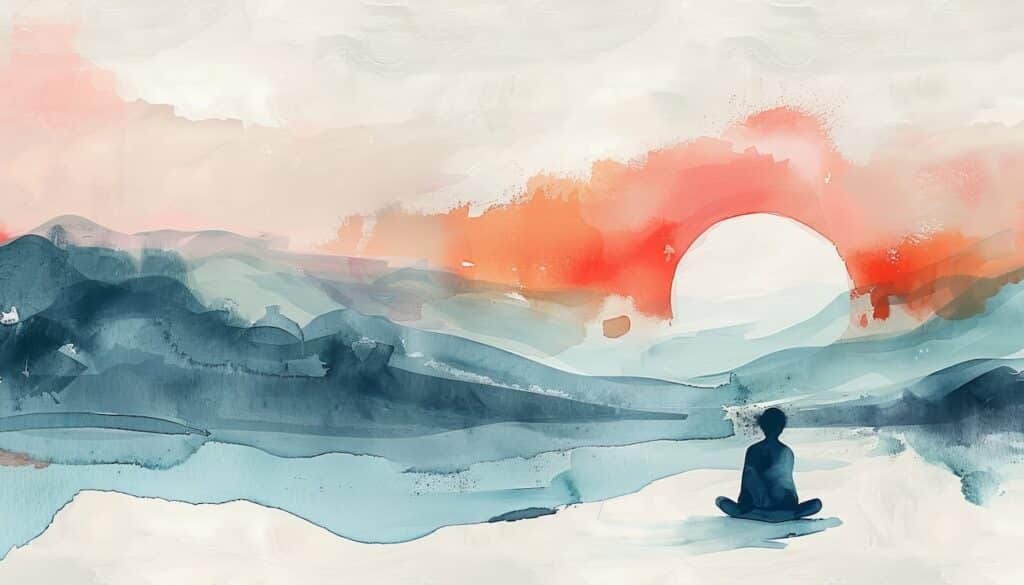 Soothing watercolor art for mindfulness and self care, featuring calming hues and serene photography