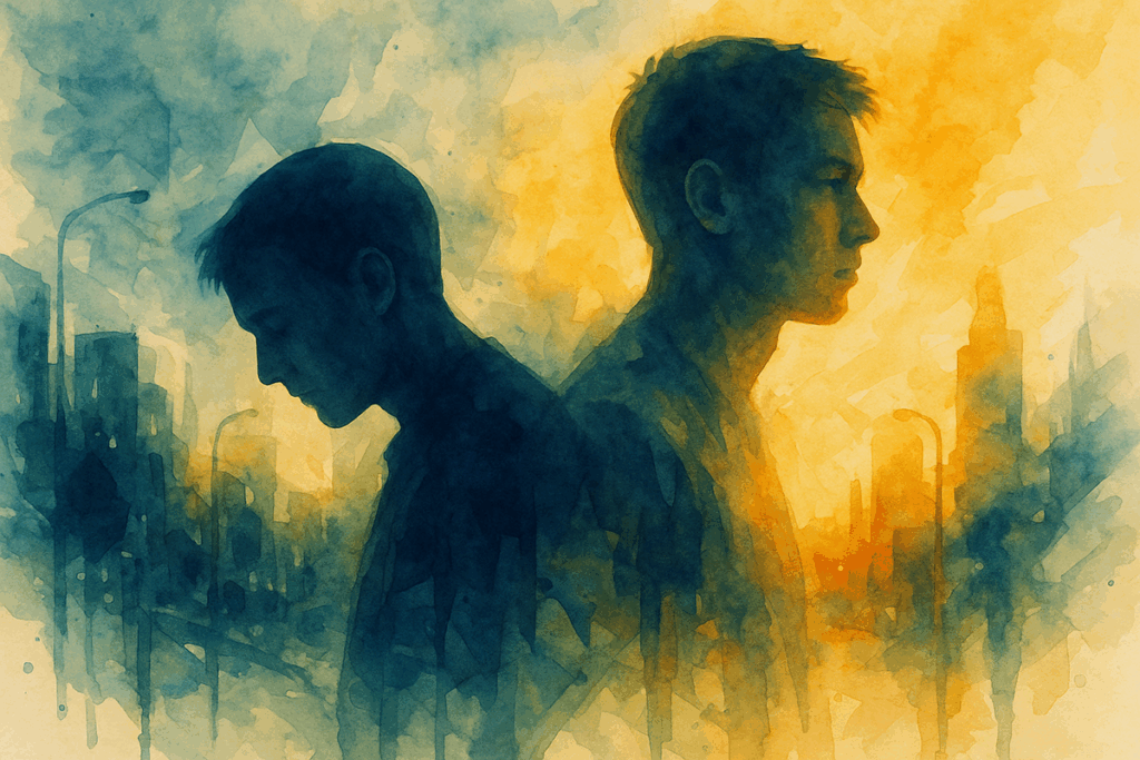Watercolor illustration of two people turned away from each other with a hazy city background, representing emotional impact and trauma, for a blog article about whether BPD can be caused by trauma.