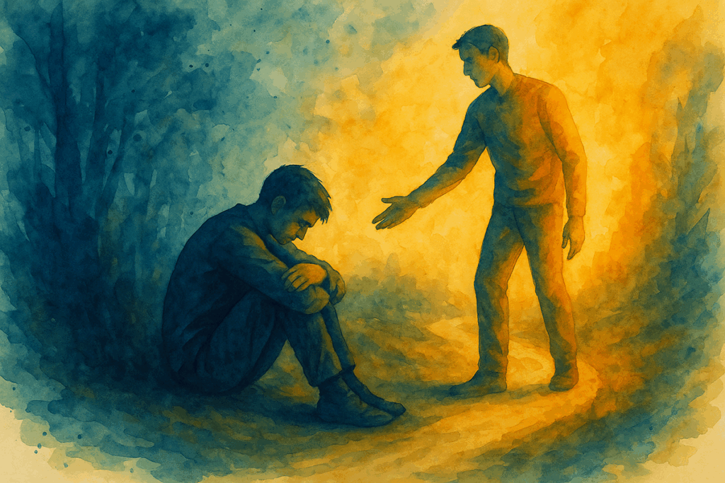 atercolor illustration of one person sitting on the ground while another offers a helping hand, representing support in recovery, for a blog article about recovering from addiction and an anxiety disorder.