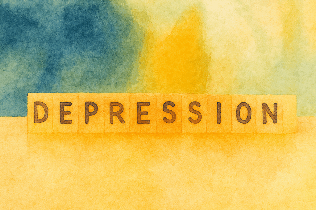 Illustration of letter tiles spelling “DEPRESSION,” for a blog article about the differences between major depressive disorder and persistent depressive disorder.