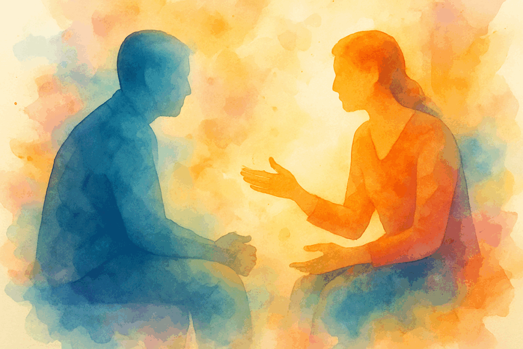 Watercolor illustration of two people sitting and talking, representing a mental health conversation, for a blog article about whether you can develop schizophrenia later in life.