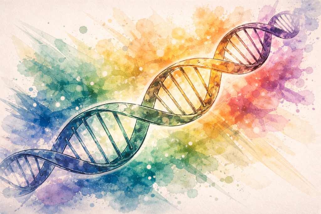 Watercolor image of multicolored abstract dna strand for article called Is Depression Genetic?