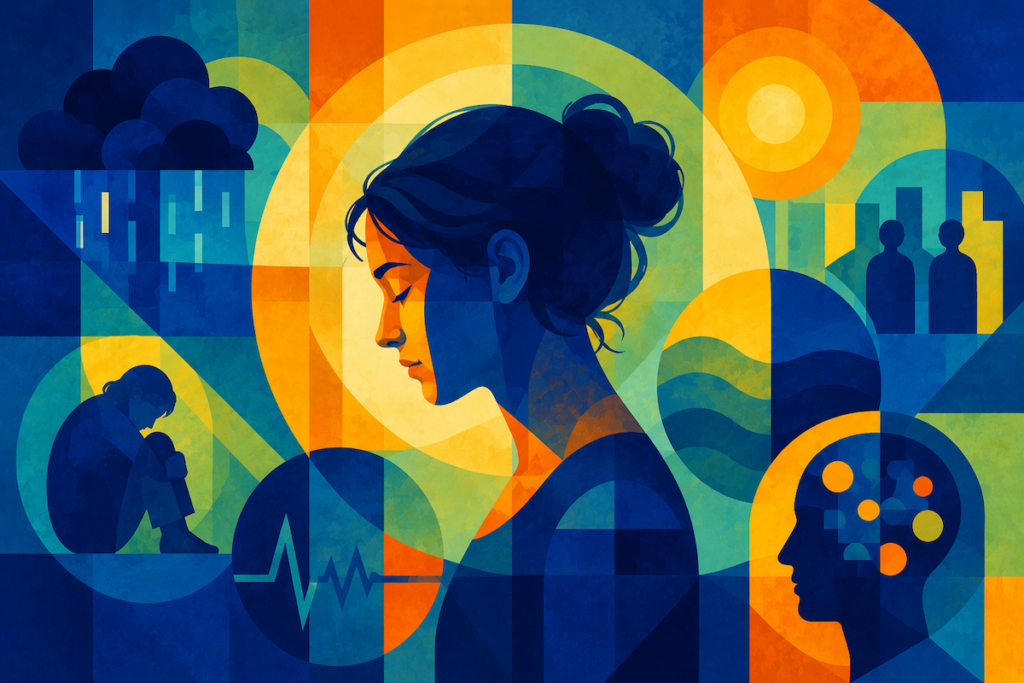Geometric image showing a visual representation of the symptoms of schizoaffective disorder for Pasadena Villa blog called Schizoaffective Disorder: Signs, Symptoms and Treatments