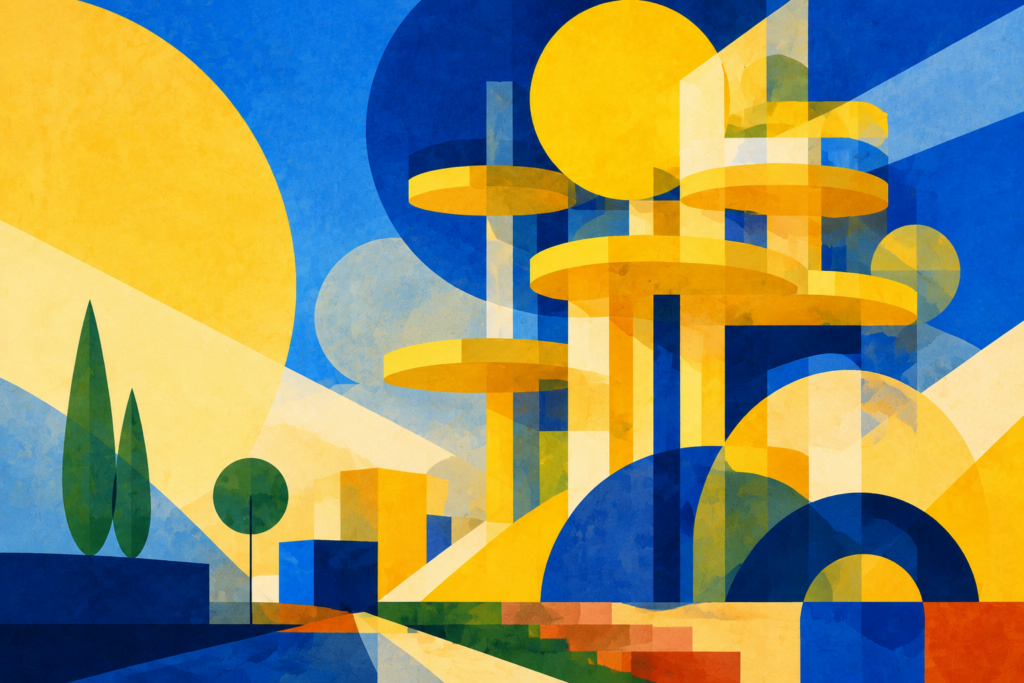 Two people observe an immense golden geometric structure rising above a wooded lakeside landscape for Pasadena Villa blog called Delusions of Grandeur + Bipolar Disorder: When to Seek Help.